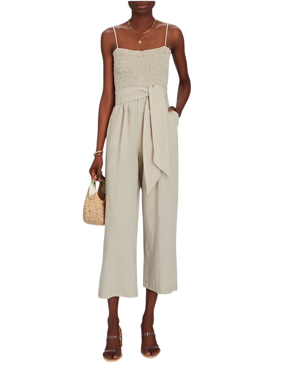 Intermix Beige Shoshanna Smocked Sleeveless Linen Jumpsuit